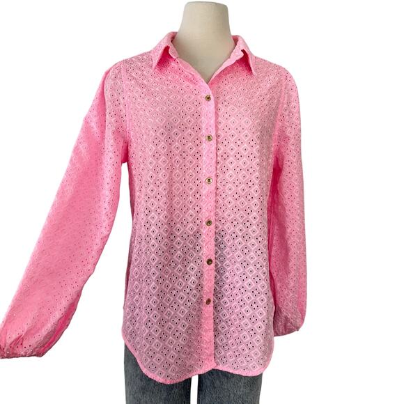 Lilly Pulitzer Sea Breeze Eyelet Button Down Shirt Top Pink Blossom | L NWT - Picture 1 of 11